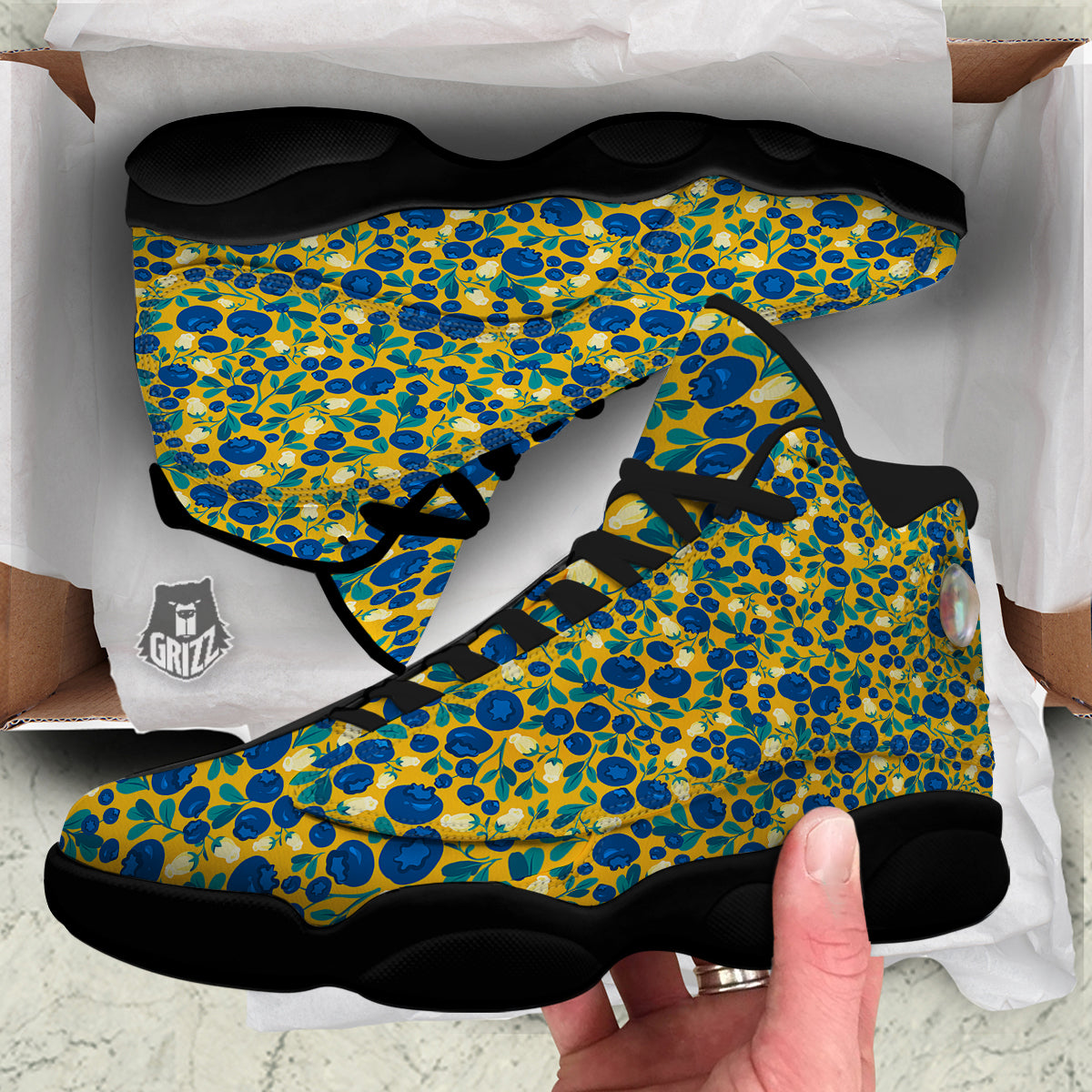Blueberry Yellow Print Pattern Black Basketball Shoes-grizzshop