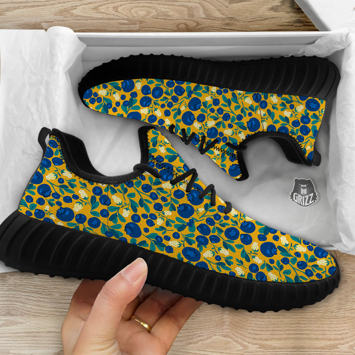 Blueberry Yellow Print Pattern Black Walking Shoes-grizzshop