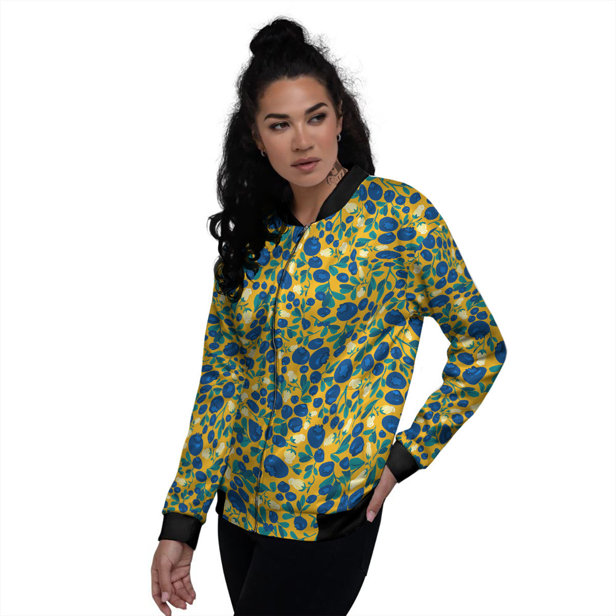 Blueberry Yellow Print Pattern Women's Bomber Jacket-grizzshop