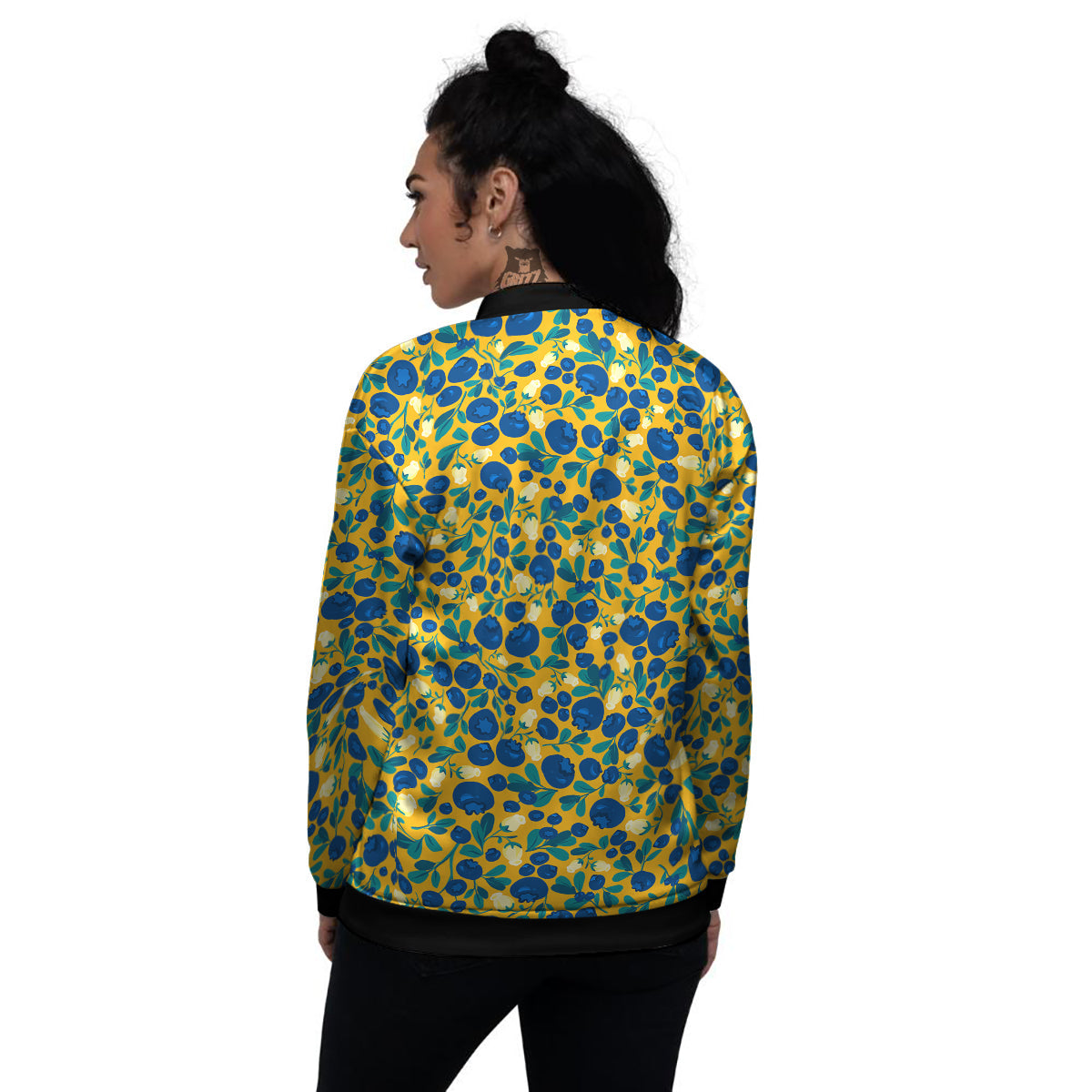Blueberry Yellow Print Pattern Women's Bomber Jacket-grizzshop