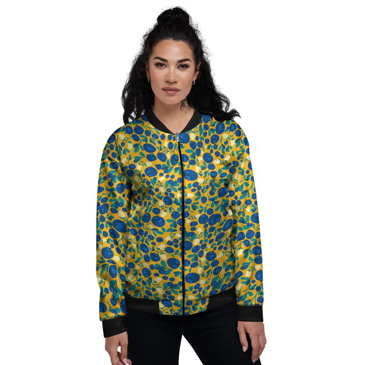 Blueberry Yellow Print Pattern Women's Bomber Jacket-grizzshop