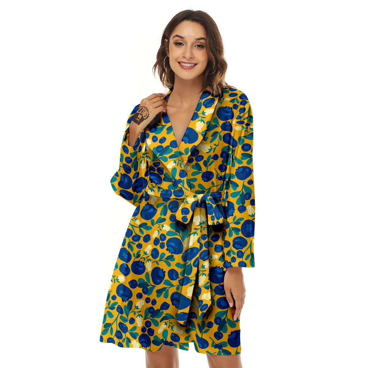Blueberry Yellow Print Pattern Women's Robe-grizzshop