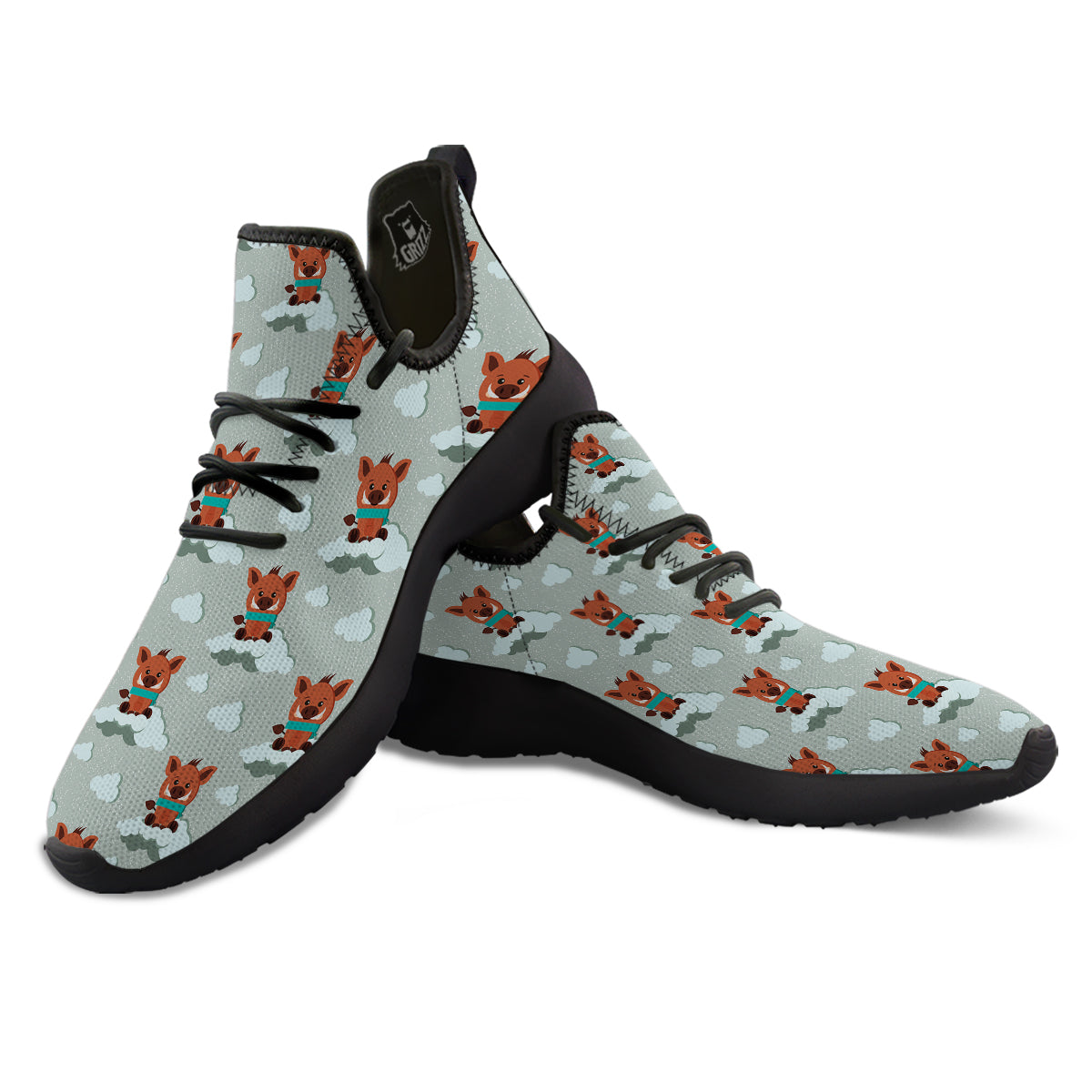 Boar And Cloud Print Pattern Black Athletic Shoes-grizzshop