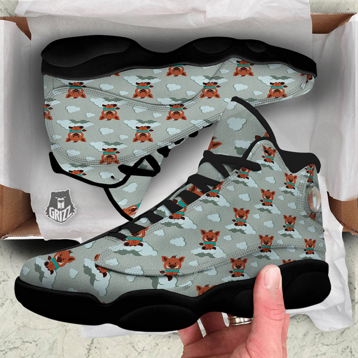 Boar And Cloud Print Pattern Black Basketball Shoes-grizzshop