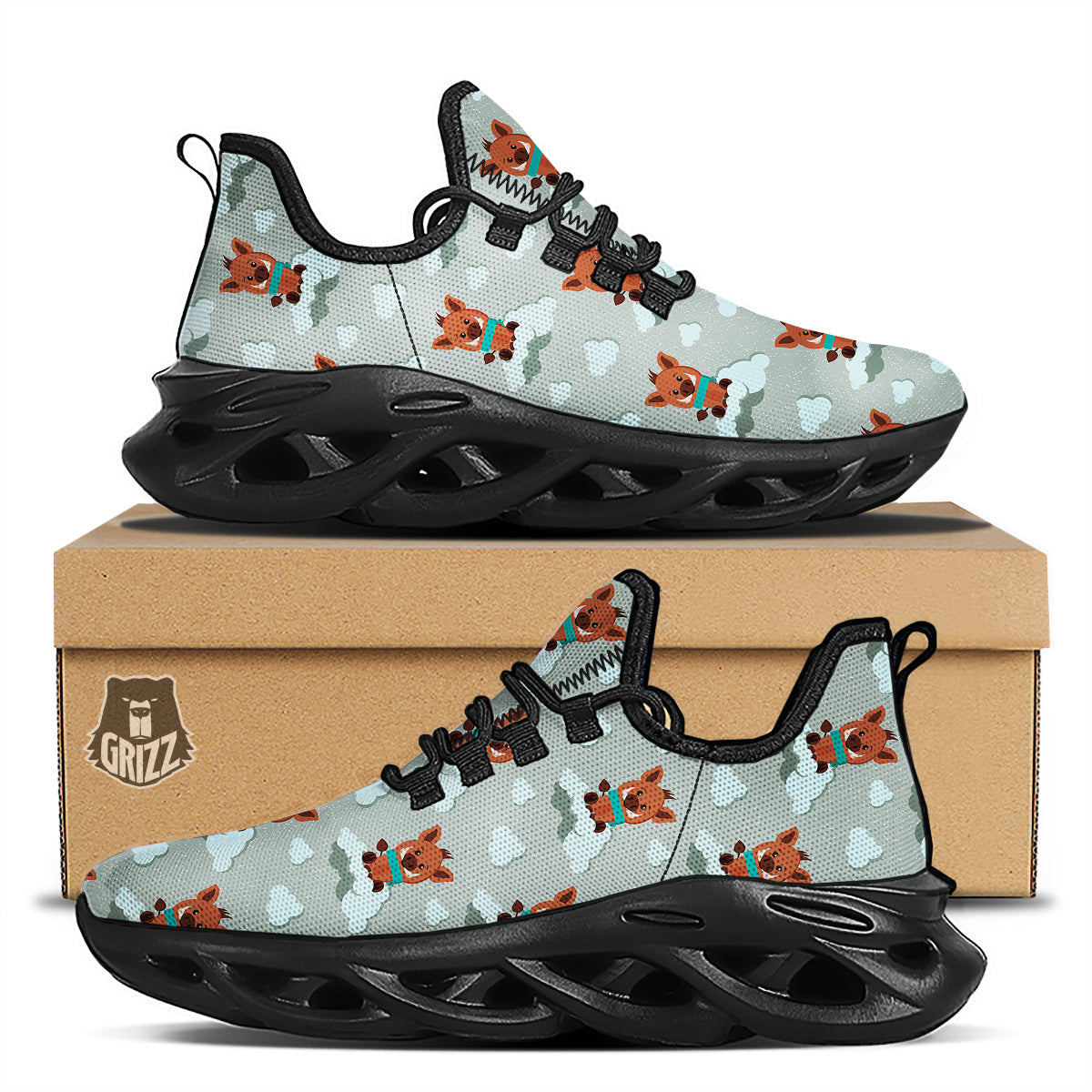 Boar And Cloud Print Pattern Black Running Shoes-grizzshop