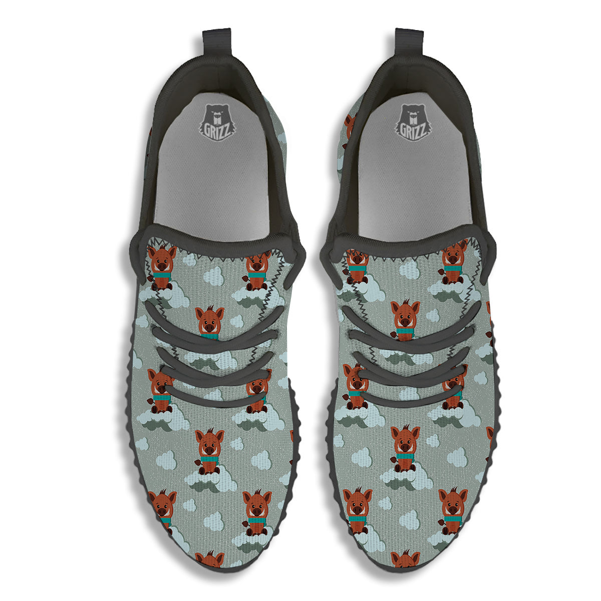 Boar And Cloud Print Pattern Black Walking Shoes-grizzshop