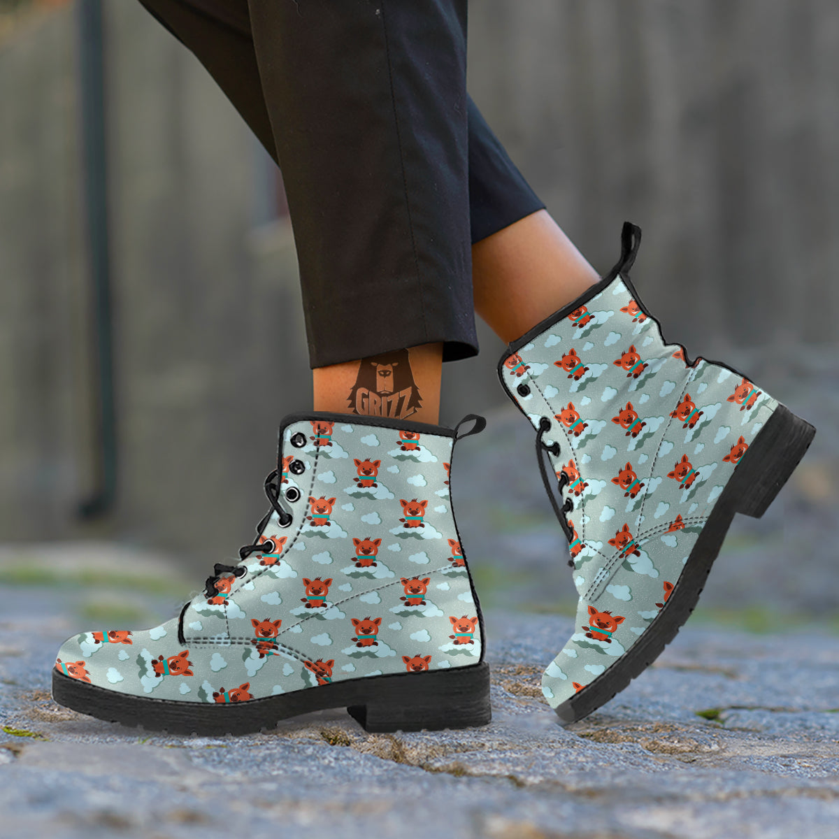 Boar And Cloud Print Pattern Leather Boots-grizzshop