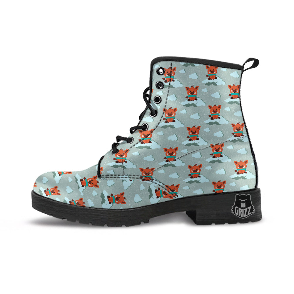Boar And Cloud Print Pattern Leather Boots-grizzshop