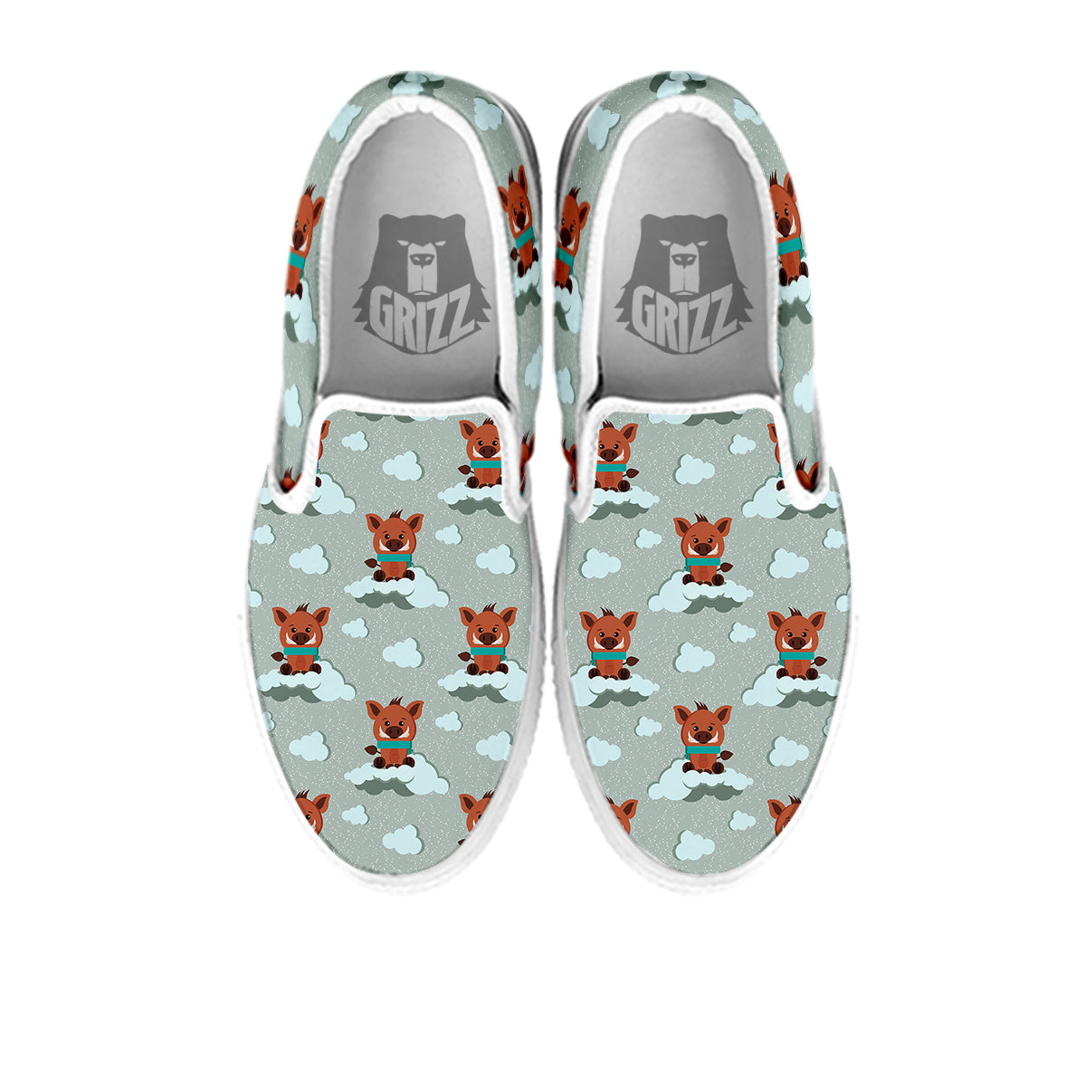 Boar And Cloud Print Pattern White Slip On Shoes-grizzshop