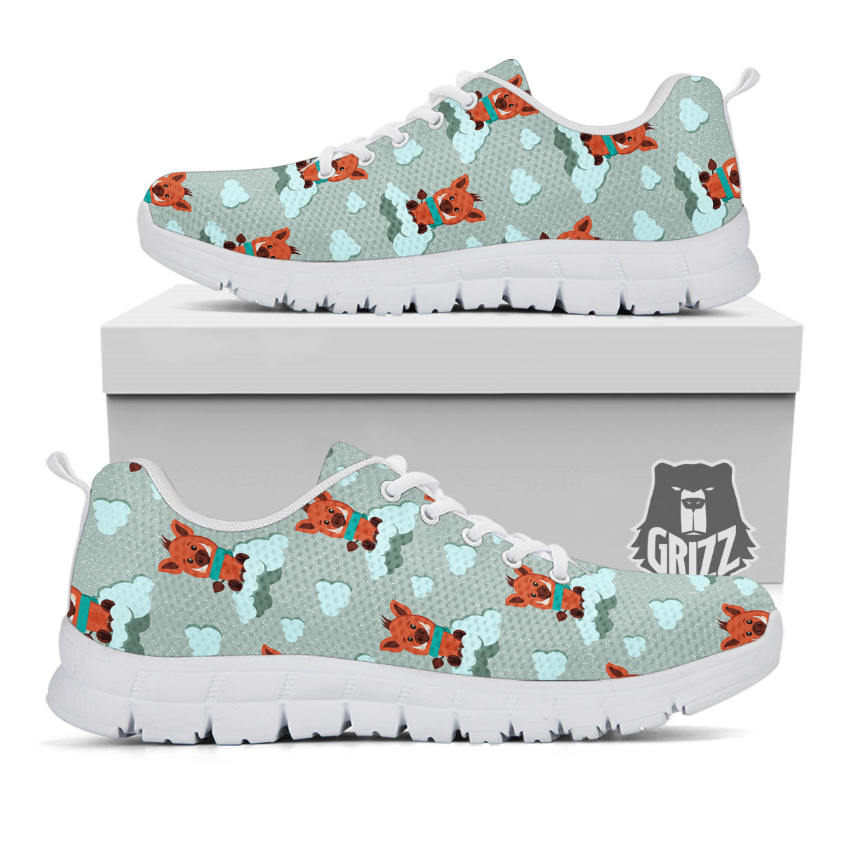 Boar And Cloud Print Pattern White Sneaker-grizzshop
