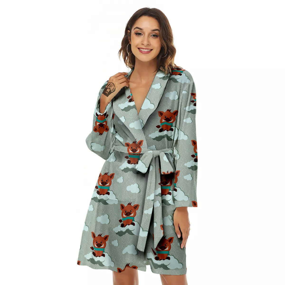 Boar And Cloud Print Pattern Women's Robe-grizzshop