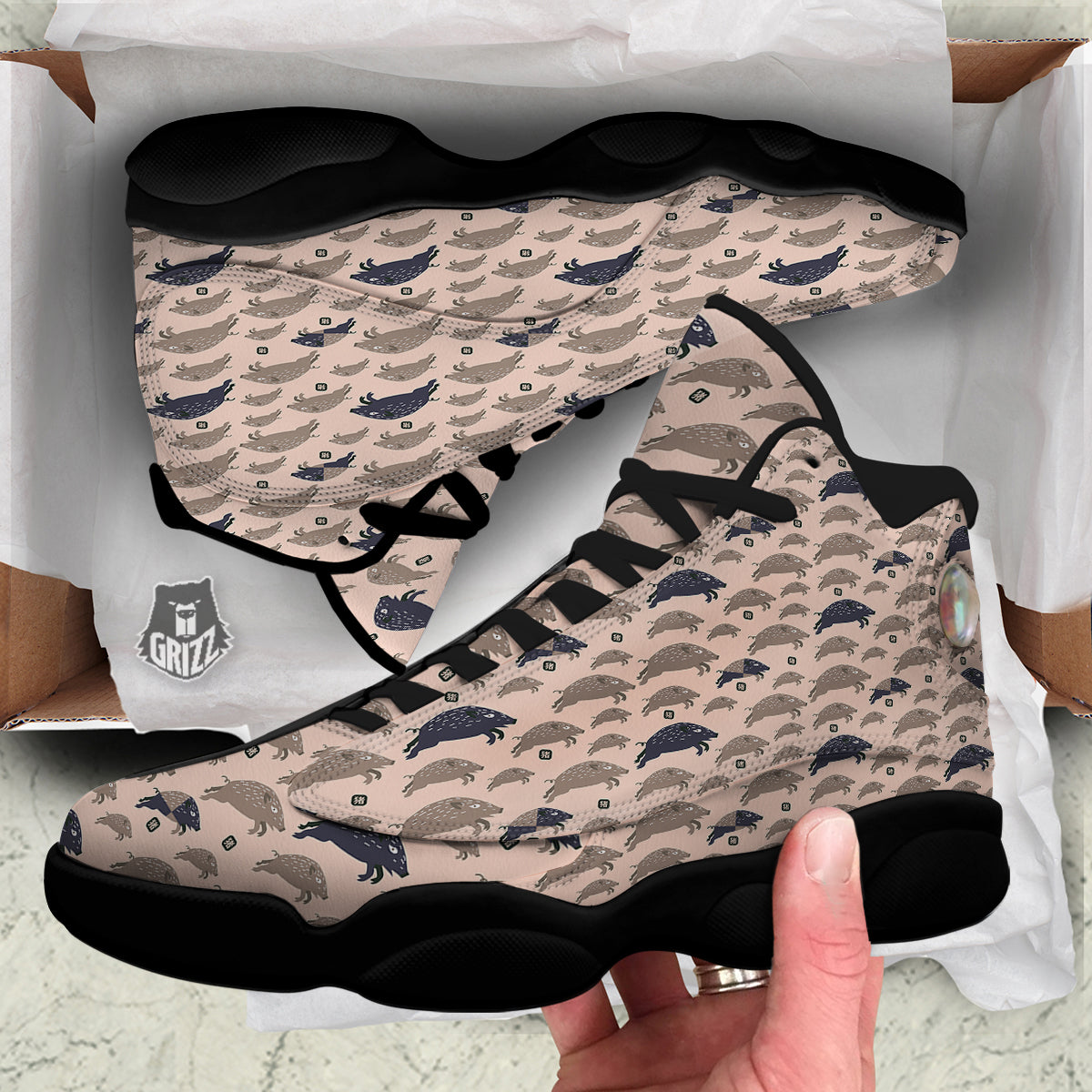 Boar Jumping Print Pattern Black Basketball Shoes-grizzshop