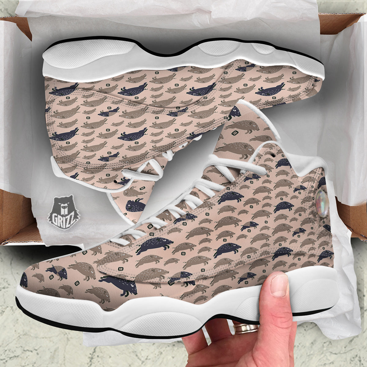 Boar Jumping Print Pattern White Basketball Shoes-grizzshop