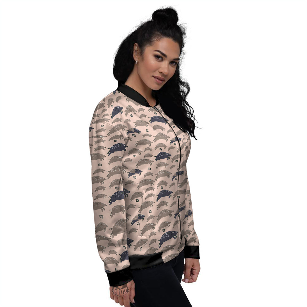 Boar Jumping Print Pattern Women's Bomber Jacket-grizzshop