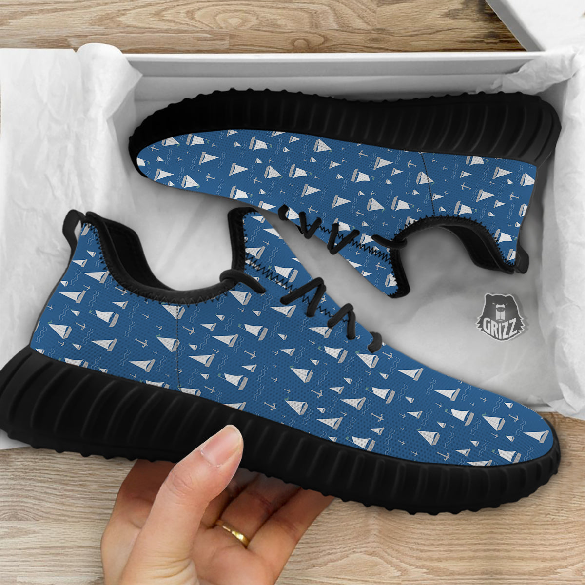 Boat Drawing Print Pattern Black Walking Shoes-grizzshop