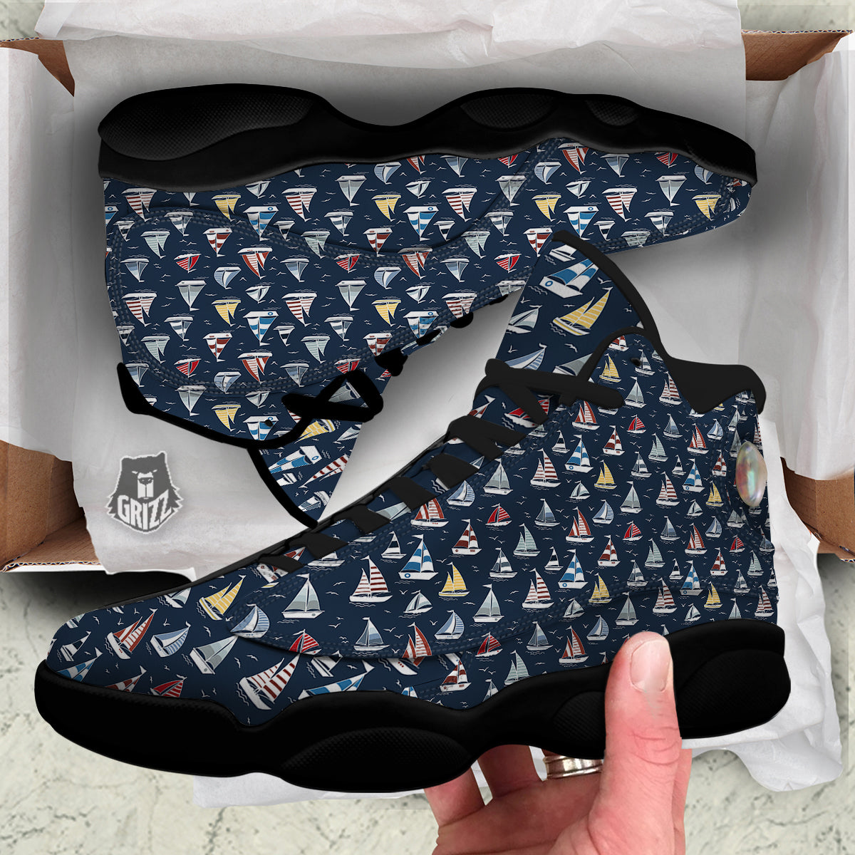 Boat On Sea Print Pattern Black Basketball Shoes-grizzshop