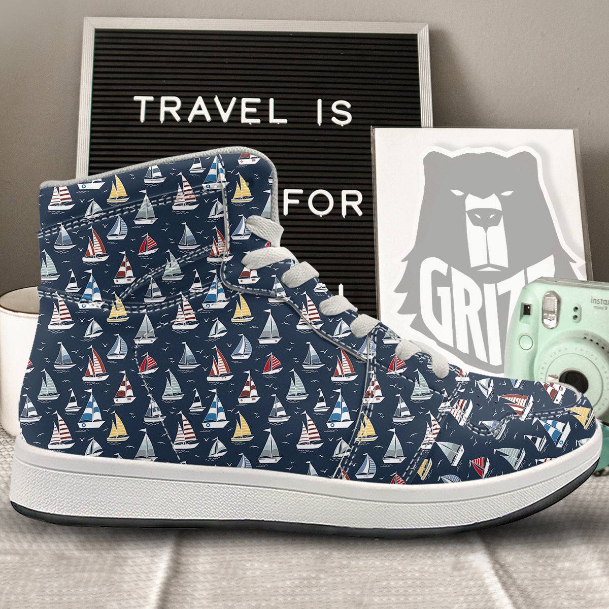 Boat On Sea Print Pattern High Top Sneakers-grizzshop