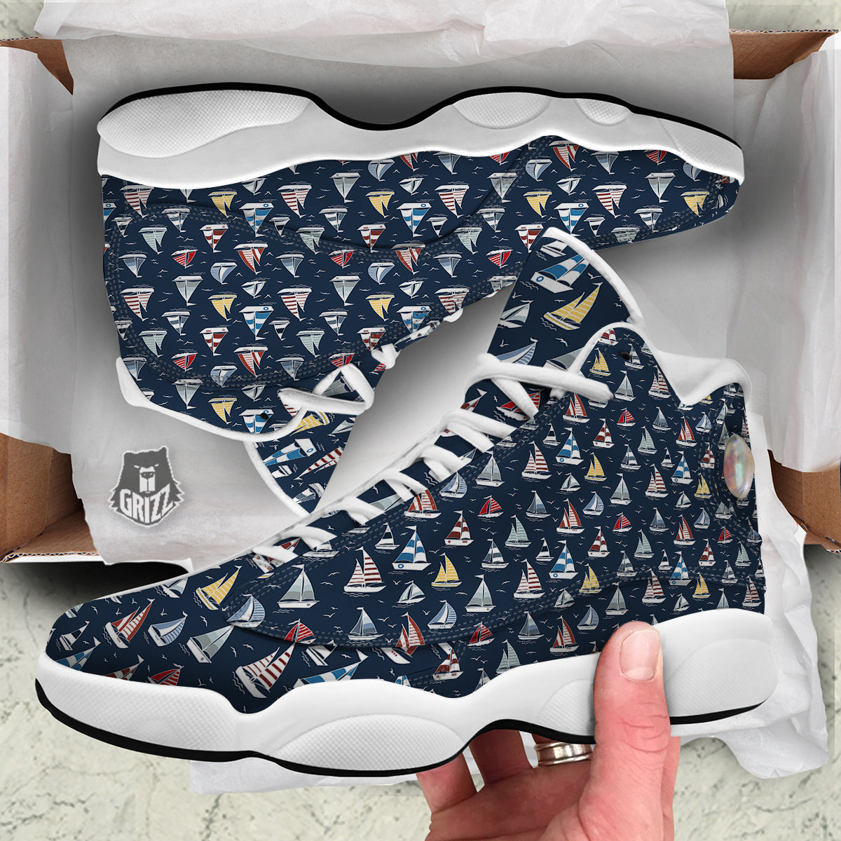 Boat On Sea Print Pattern White Basketball Shoes-grizzshop