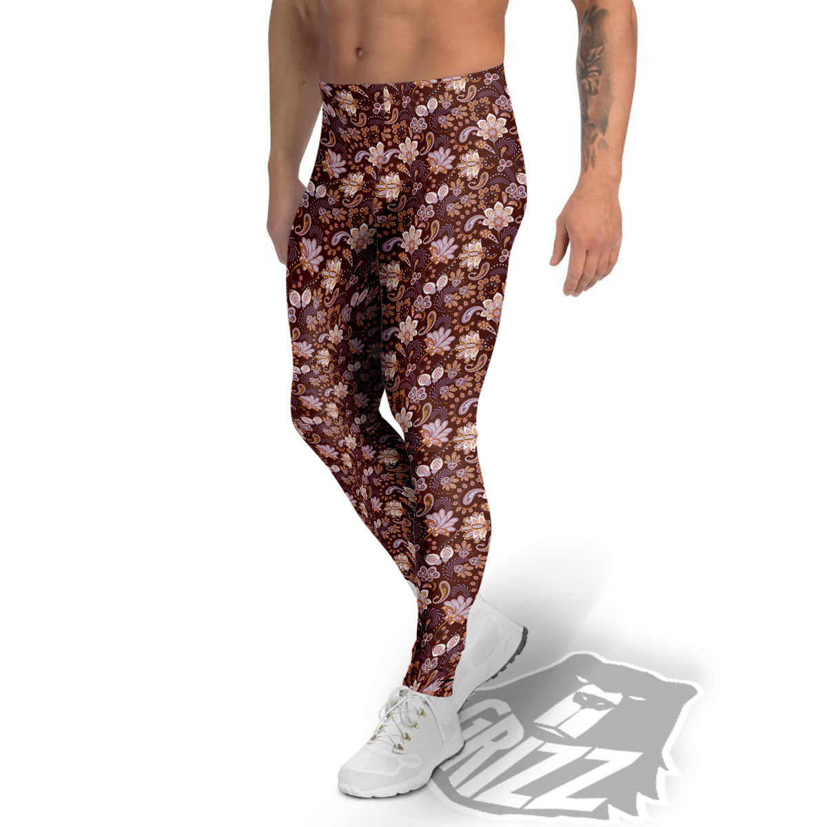 Bohemian Brown Floral Print Pattern Men's Leggings-grizzshop