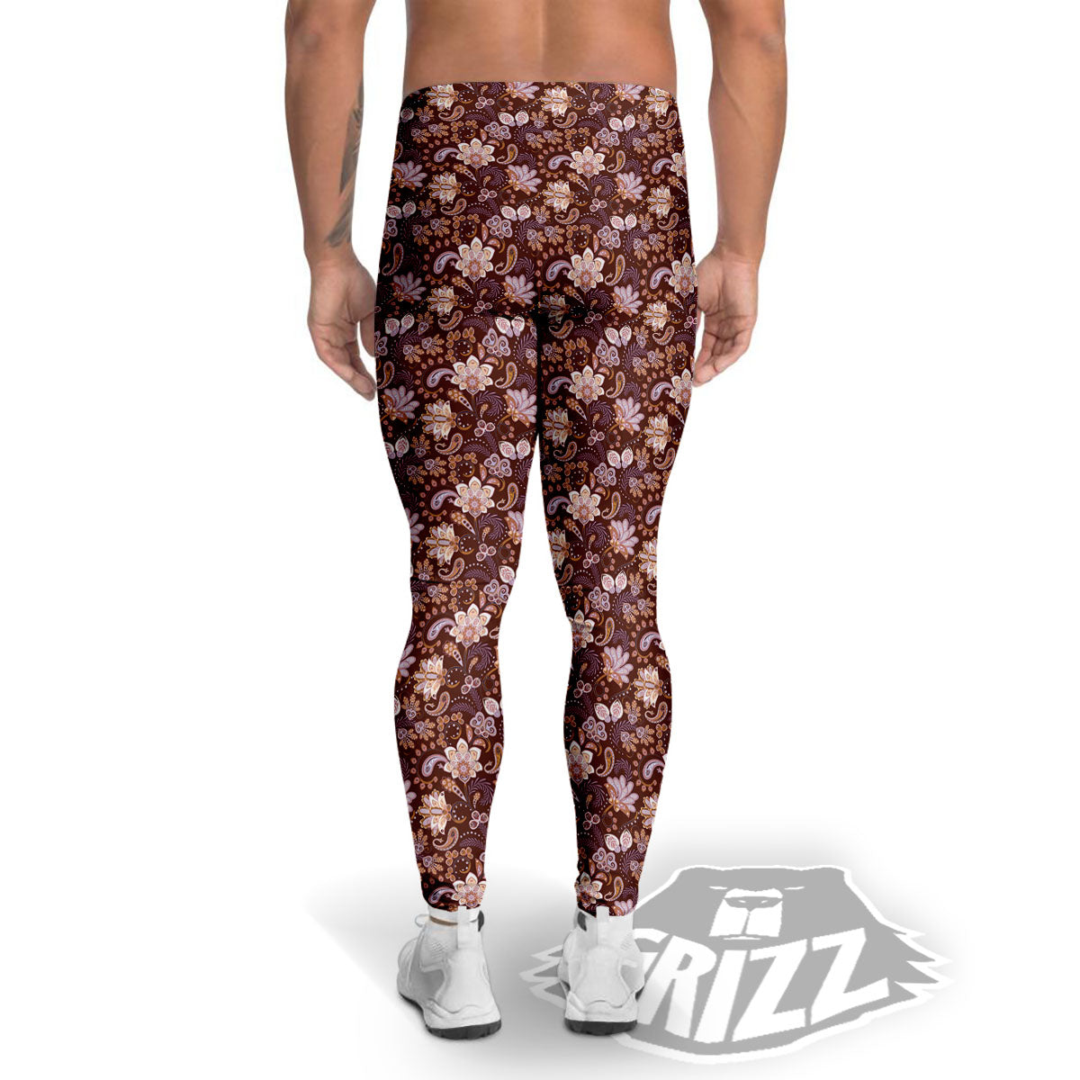 Bohemian Brown Floral Print Pattern Men's Leggings-grizzshop