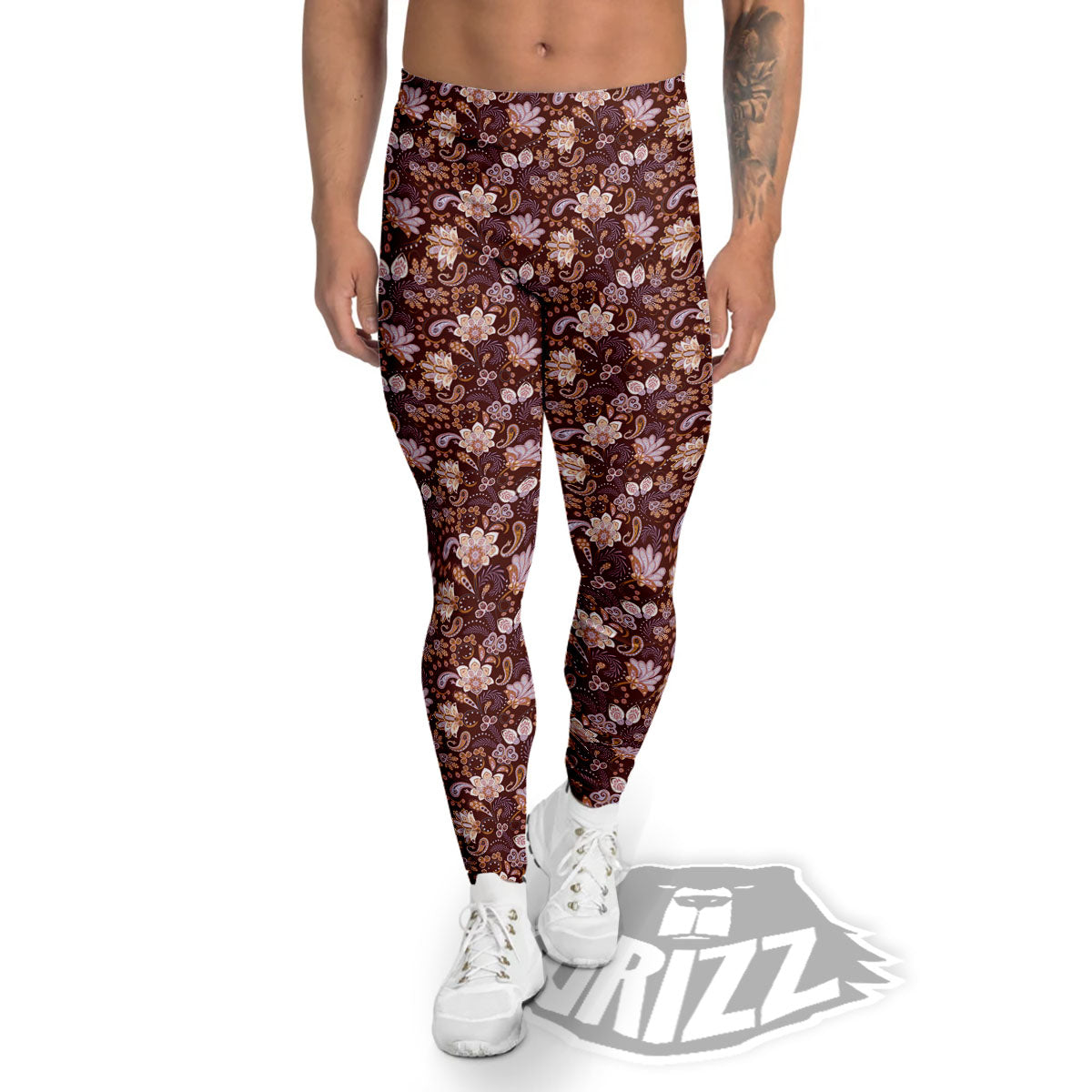 Bohemian Brown Floral Print Pattern Men's Leggings-grizzshop