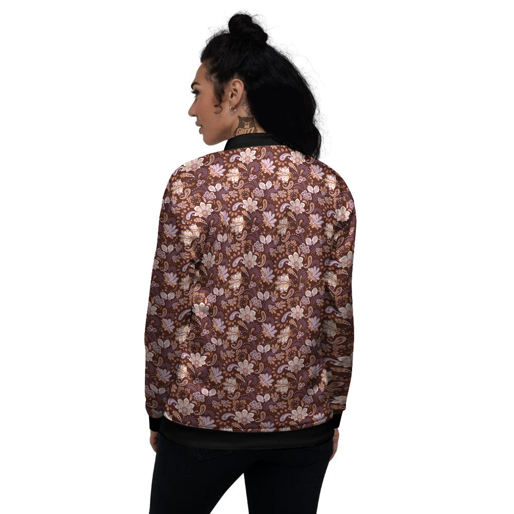 Bohemian Brown Floral Print Pattern Women's Bomber Jacket-grizzshop