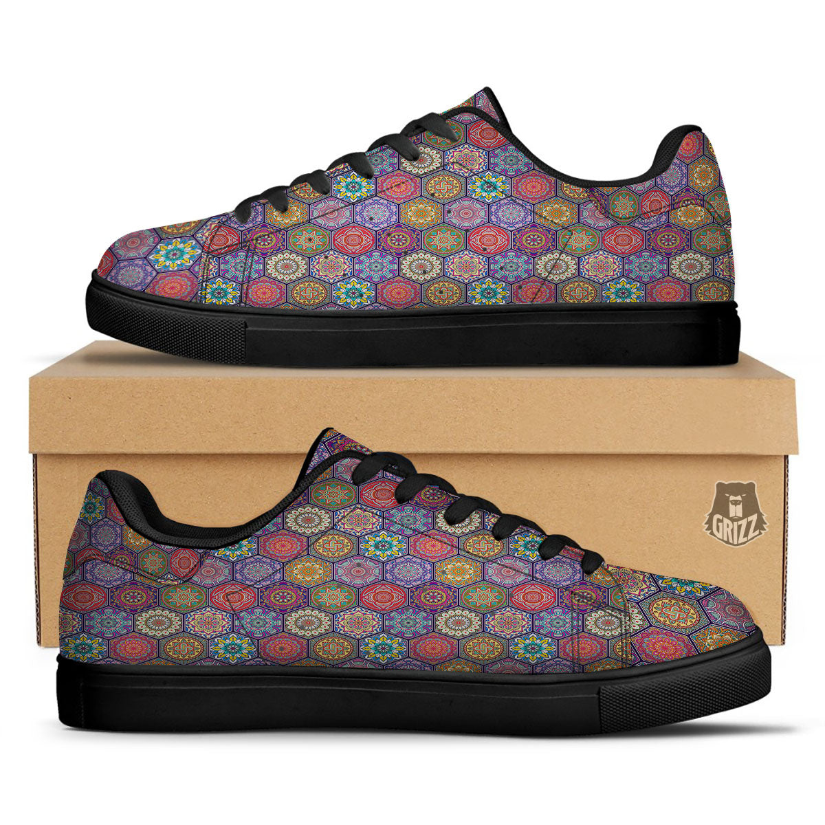 Bohemian Ethnic Mandala Print Pattern Black Low Top Sneakers-grizzshop