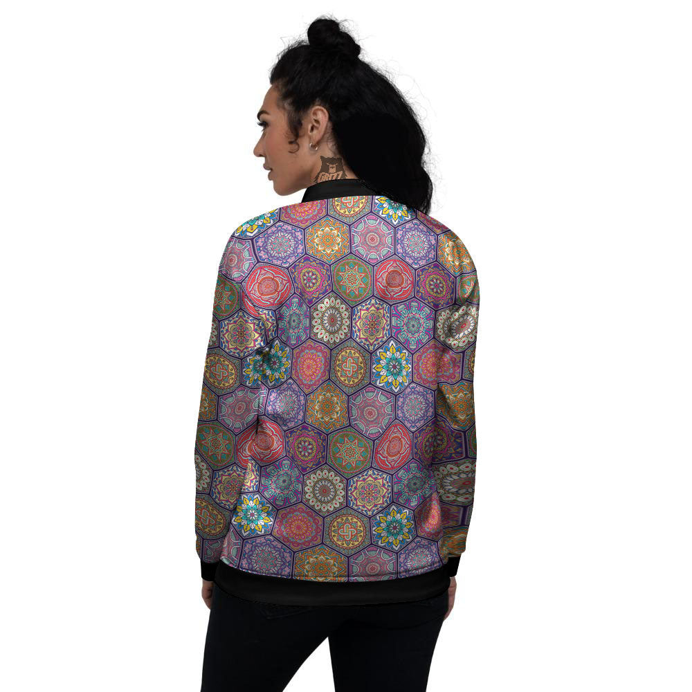 Bohemian Ethnic Mandala Print Pattern Women's Bomber Jacket-grizzshop