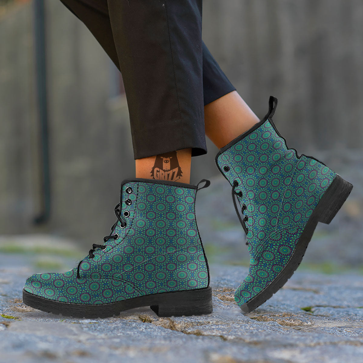 Bohemian Ethnic Teal Print Pattern Leather Boots-grizzshop