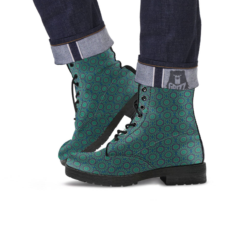 Bohemian Ethnic Teal Print Pattern Leather Boots-grizzshop