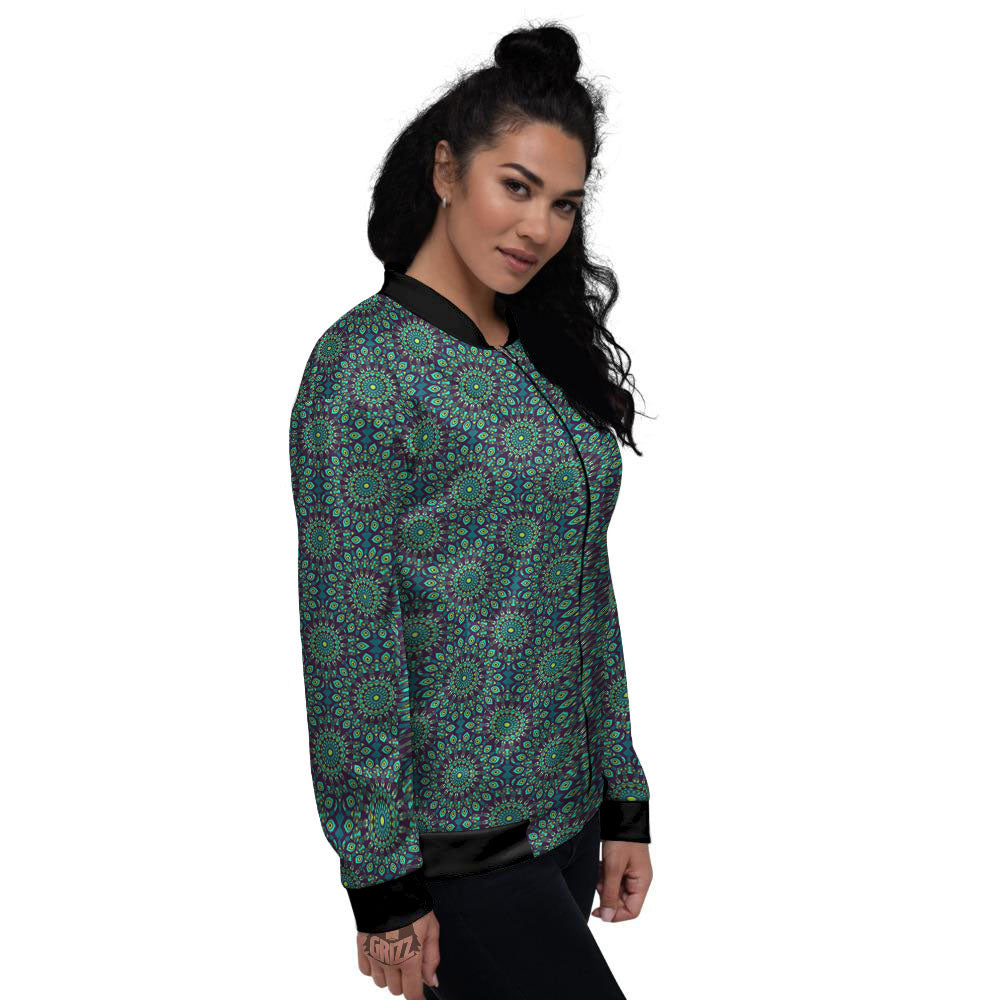 Bohemian Ethnic Teal Print Pattern Women's Bomber Jacket-grizzshop