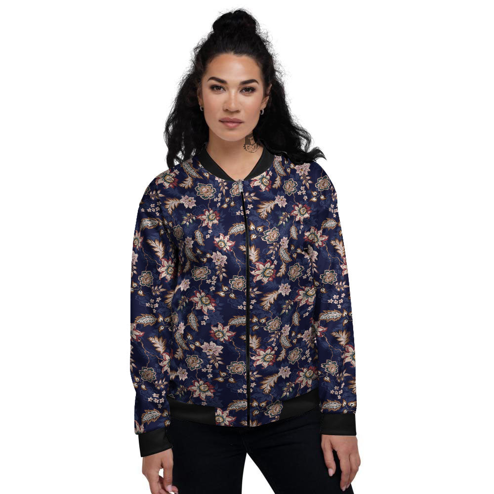 Bohemian Floral Blue Vintage Print Women's Bomber Jacket-grizzshop