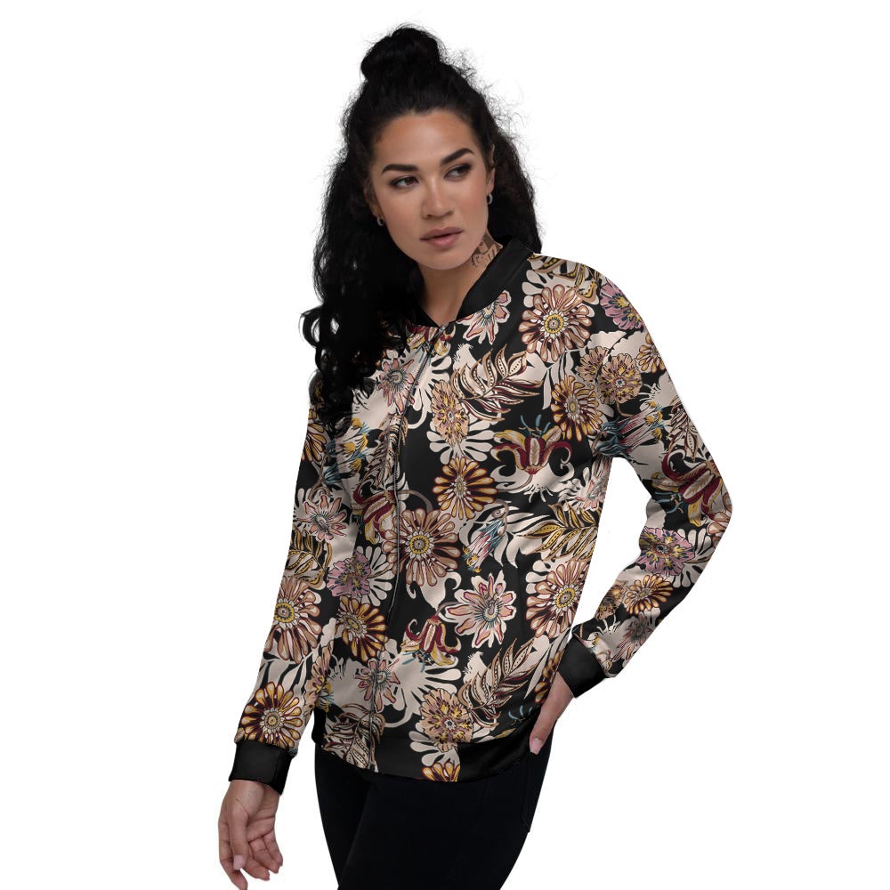 Bohemian Floral Brown Vintage Print Pattern Women's Bomber Jacket-grizzshop