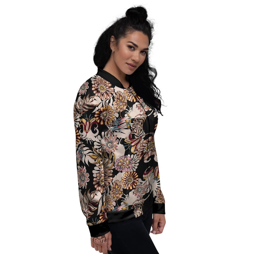 Bohemian Floral Brown Vintage Print Pattern Women's Bomber Jacket-grizzshop