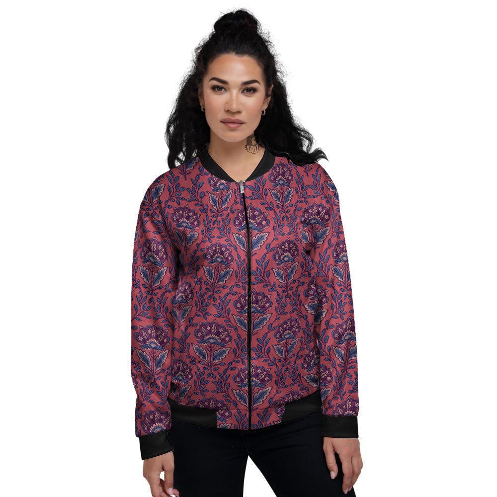 Bohemian Floral Maroon Vintage Print Pattern Women's Bomber Jacket-grizzshop