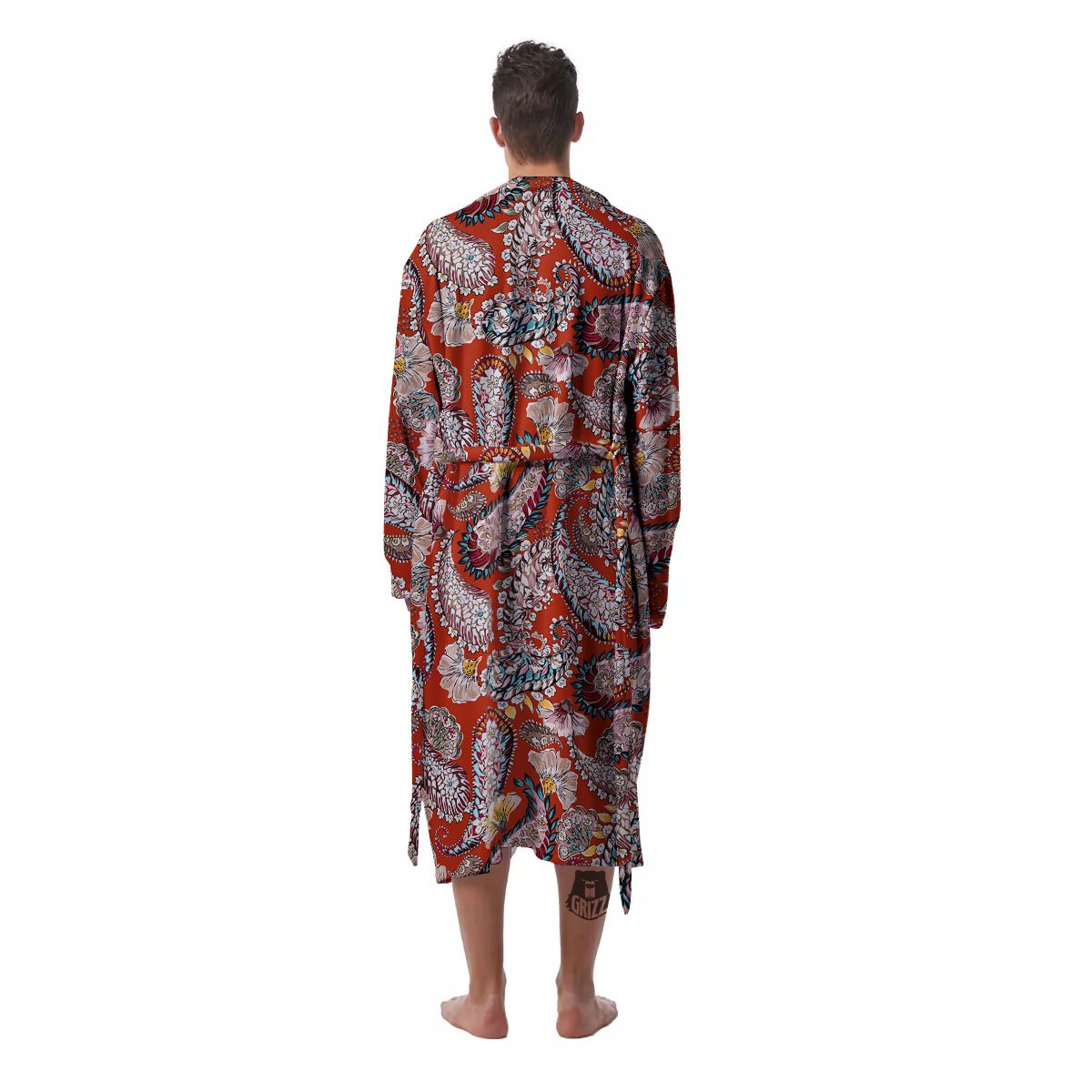 Bohemian Floral Orange Print Pattern Men's Robe-grizzshop