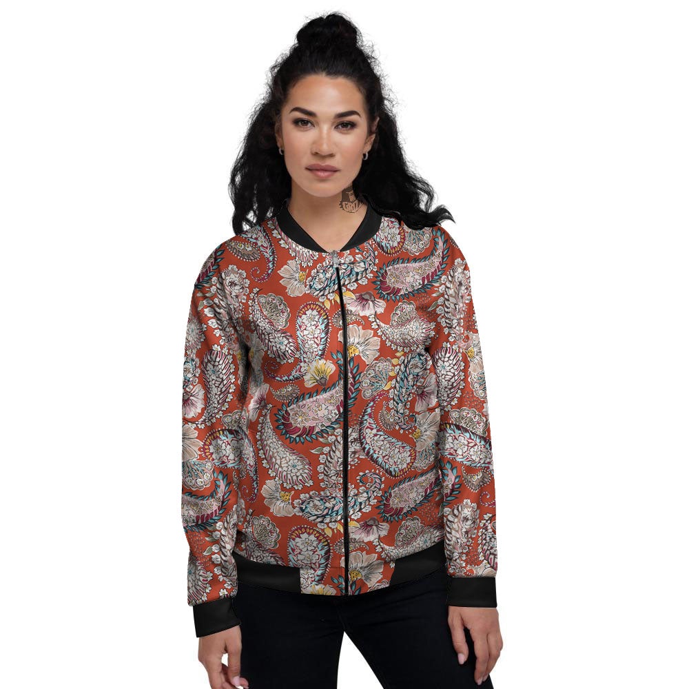 Bohemian Floral Orange Print Pattern Women's Bomber Jacket-grizzshop
