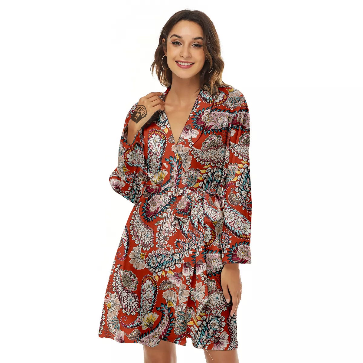 Bohemian Floral Orange Print Pattern Women's Robe-grizzshop