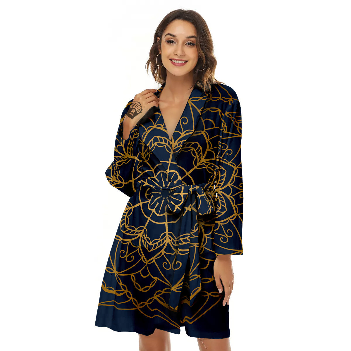 Bohemian Mandala Gold And Blue Print Women's Robe-grizzshop