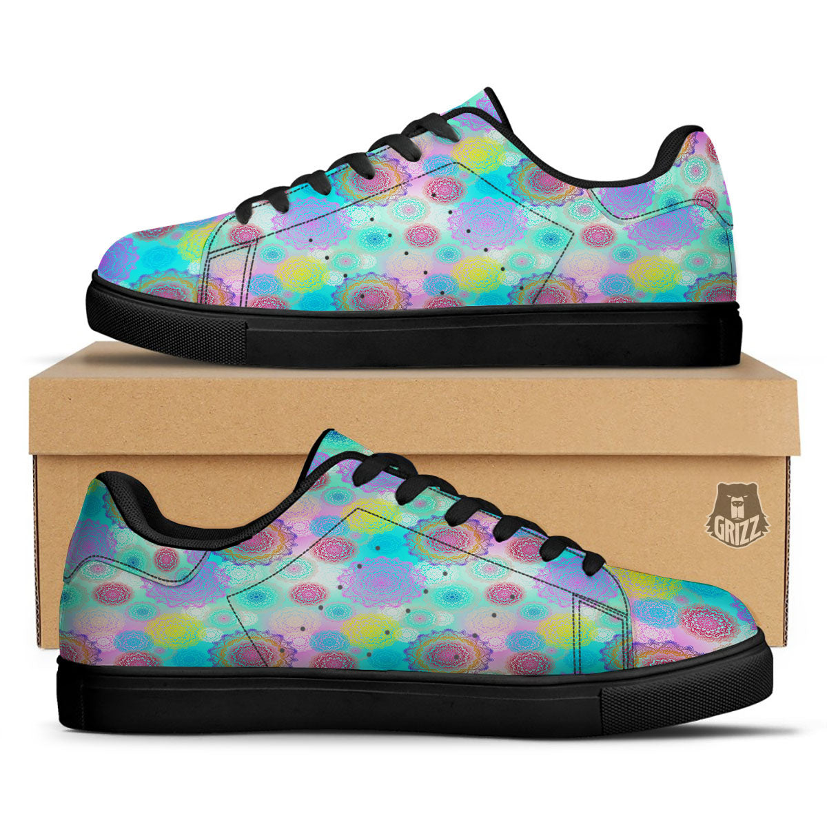 Bohemian Mandala Pastel Print Pattern Black Low Top Sneakers-grizzshop