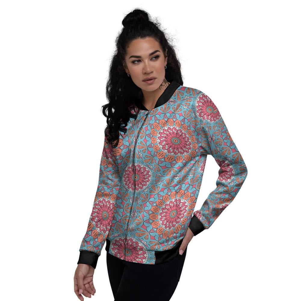 Bohemian Mandala Pink And Teal Print Pattern Women's Bomber Jacket-grizzshop