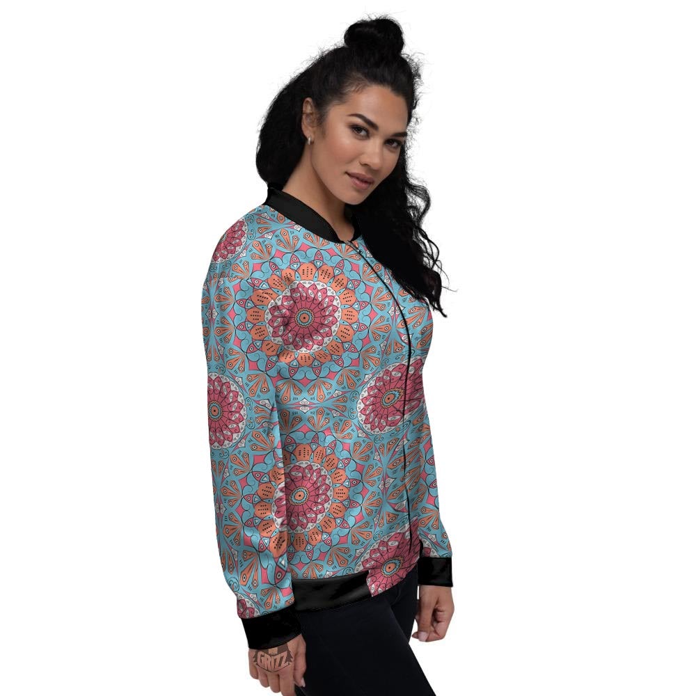 Bohemian Mandala Pink And Teal Print Pattern Women's Bomber Jacket-grizzshop
