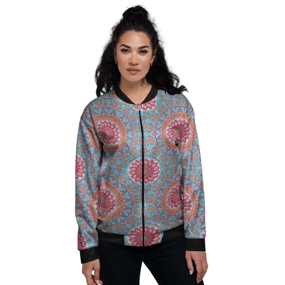 Bohemian Mandala Pink And Teal Print Pattern Women's Bomber Jacket-grizzshop