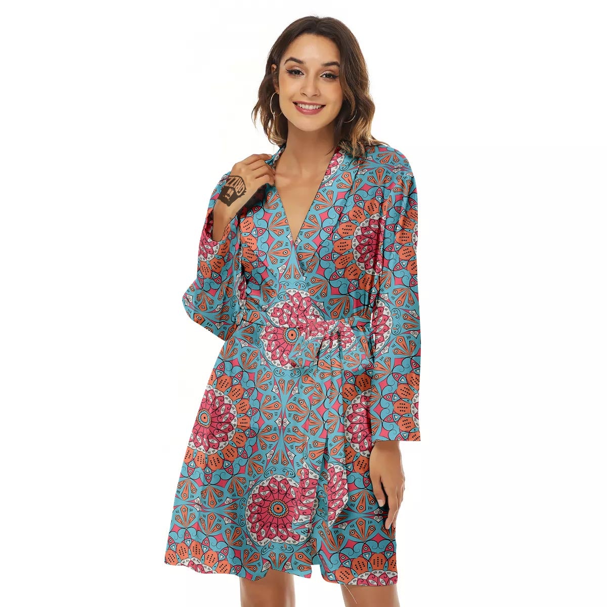 Bohemian Mandala Pink And Teal Print Pattern Women's Robe-grizzshop