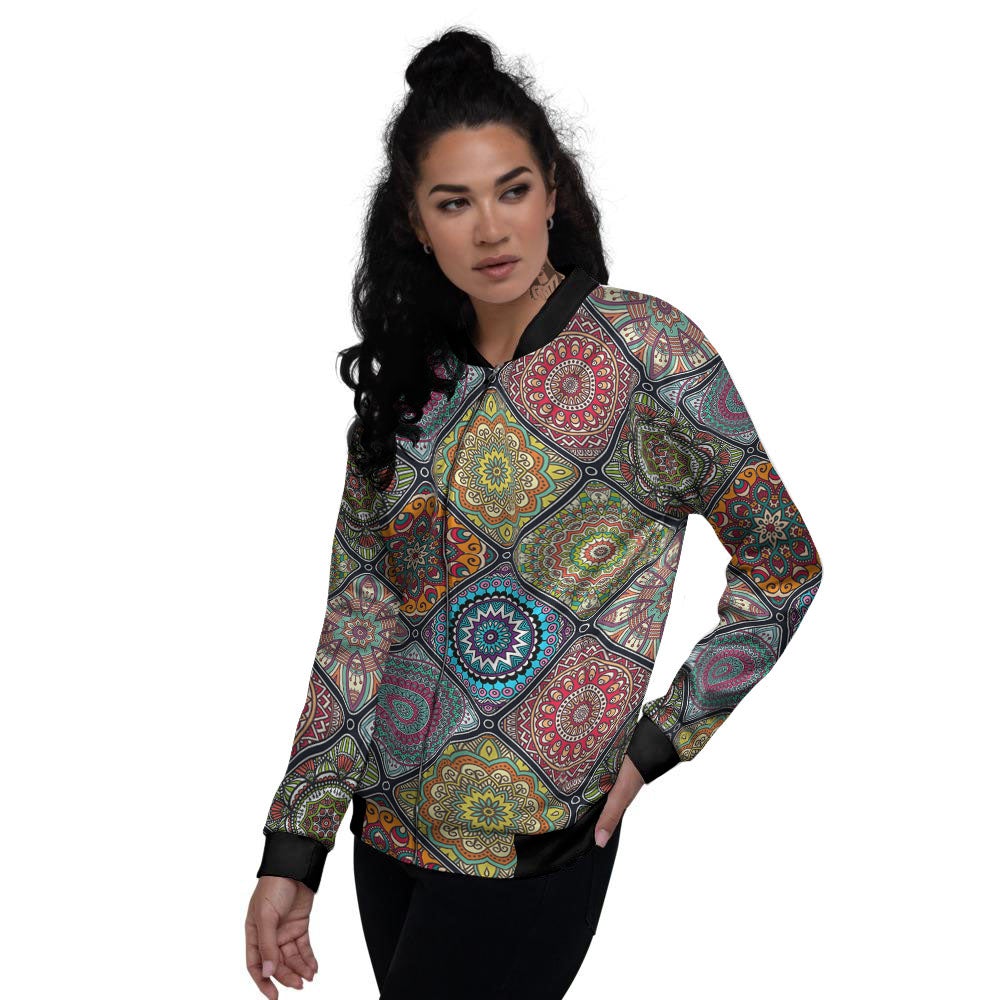 Bohemian Mandala Retro Print Pattern Women's Bomber Jacket-grizzshop