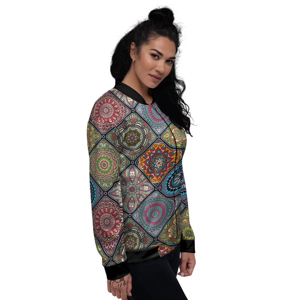 Bohemian Mandala Retro Print Pattern Women's Bomber Jacket-grizzshop