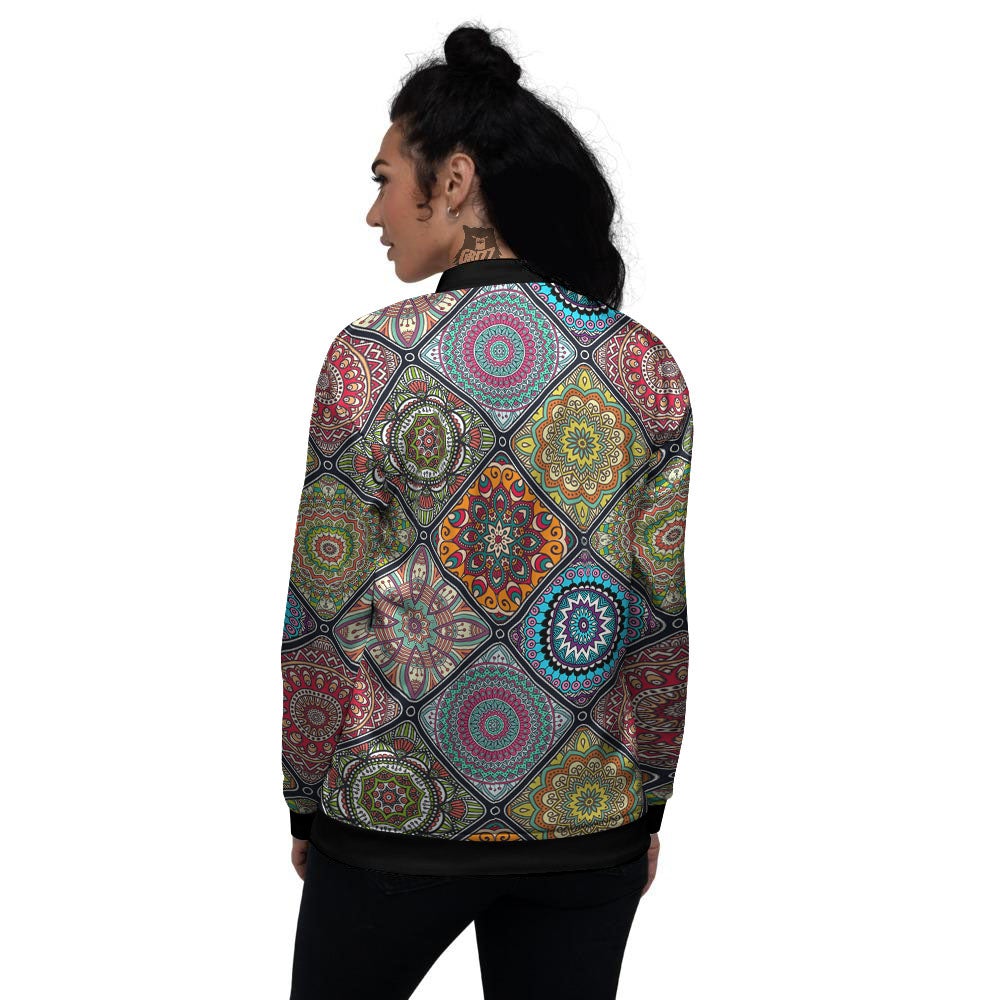 Bohemian Mandala Retro Print Pattern Women's Bomber Jacket-grizzshop