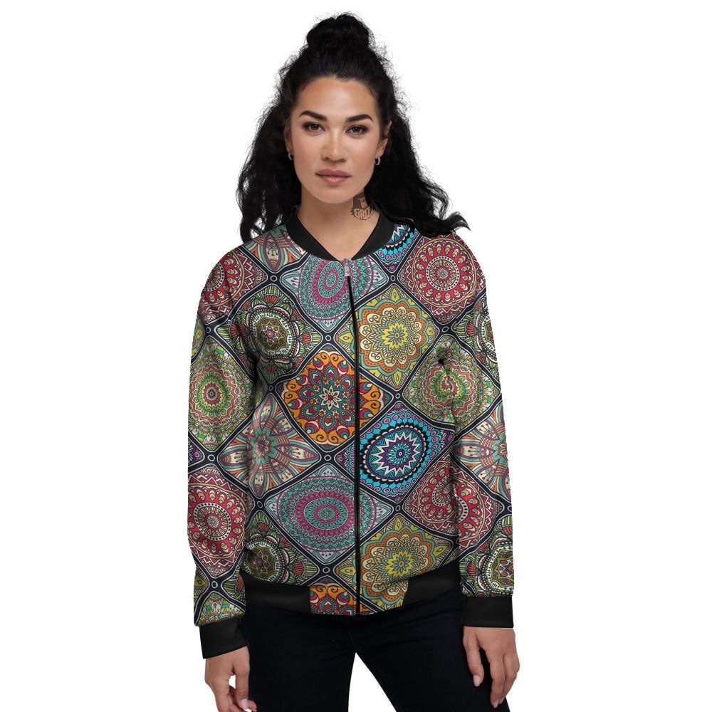 Bohemian Mandala Retro Print Pattern Women's Bomber Jacket-grizzshop