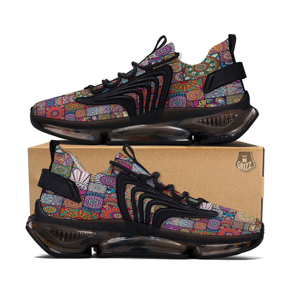 Bohemian Mandala Tile Print Pattern Black Gym Shoes-grizzshop