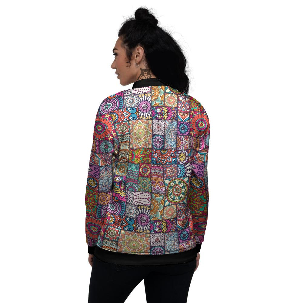 Bohemian Mandala Tile Print Pattern Women's Bomber Jacket-grizzshop